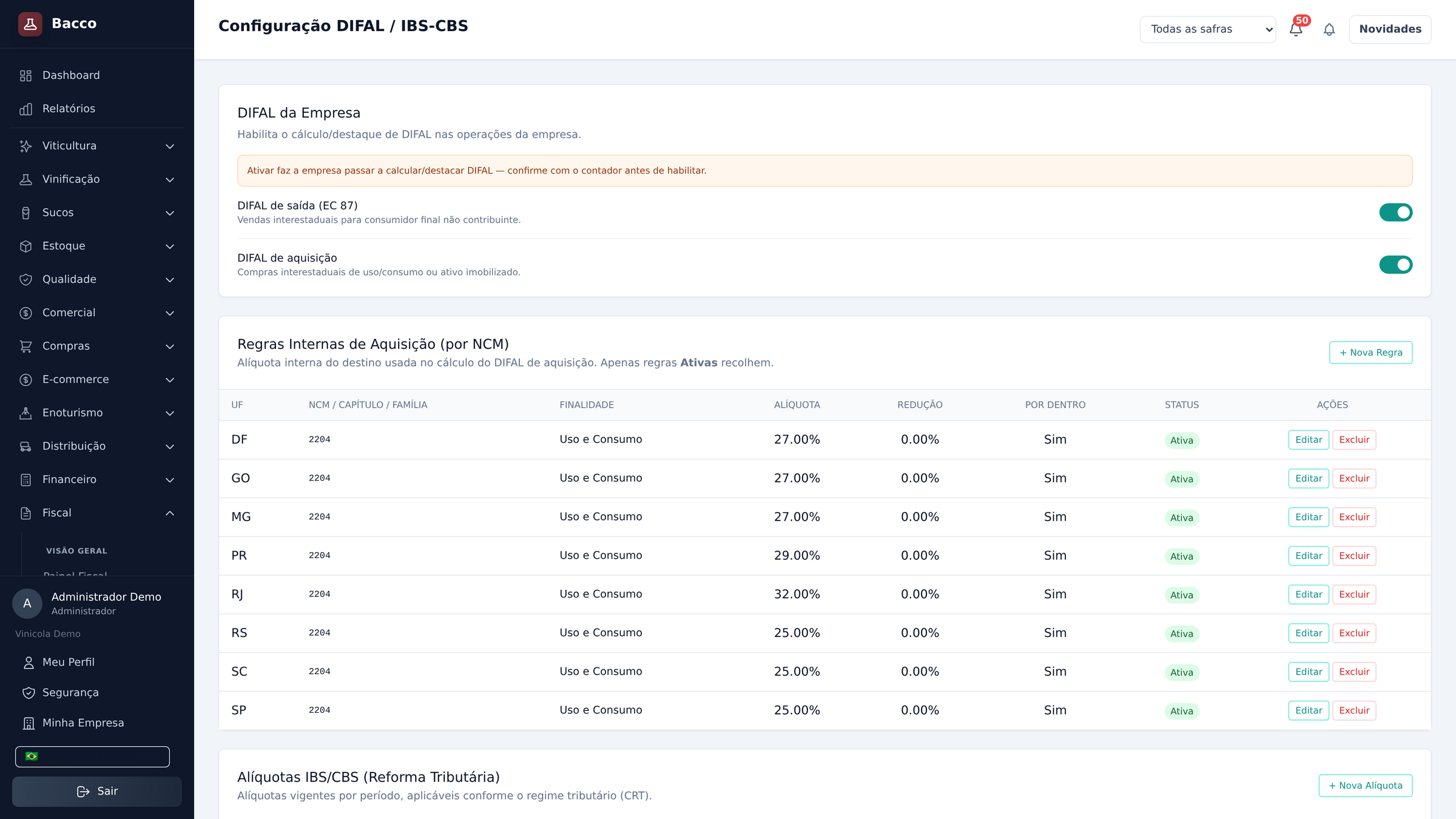 Tela de configuração DIFAL e IBS/CBS do Bacco ERP com regras por UF