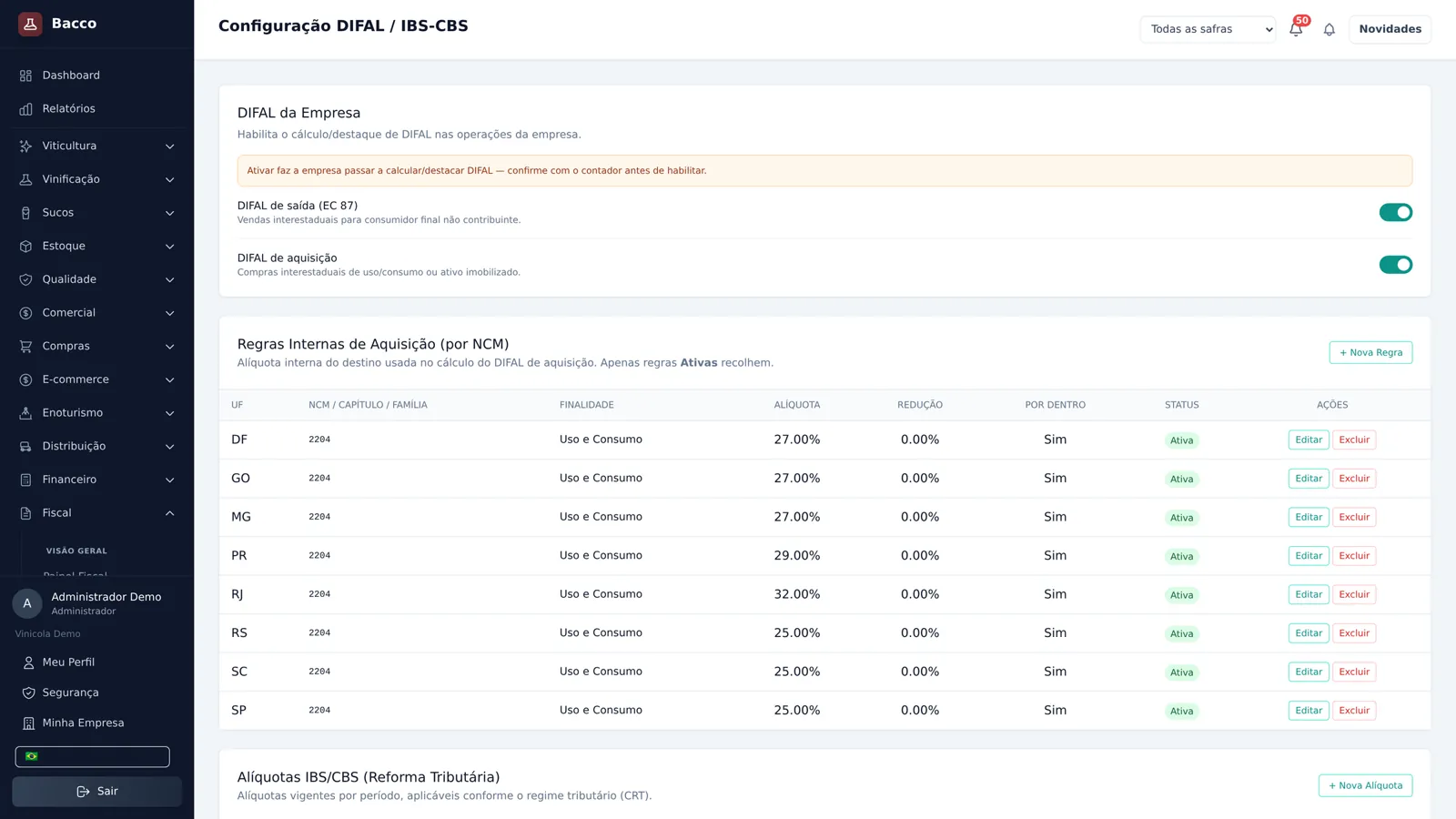 Tela de configuração DIFAL e IBS/CBS do Bacco ERP com regras por UF