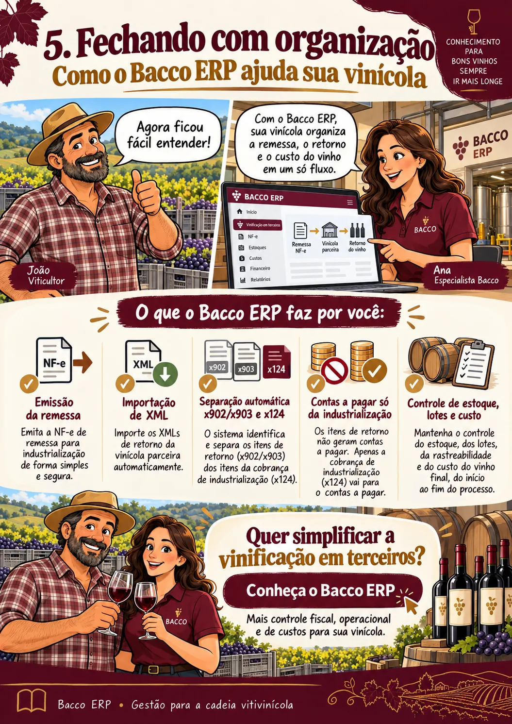 Quadro 5: como o Bacco ERP organiza remessa, retorno e custo do vinho num só fluxo.