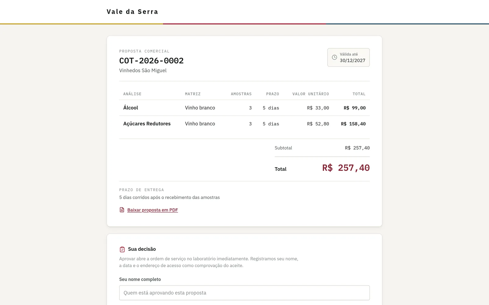 Página pública em que o cliente do laboratório aprova a proposta comercial