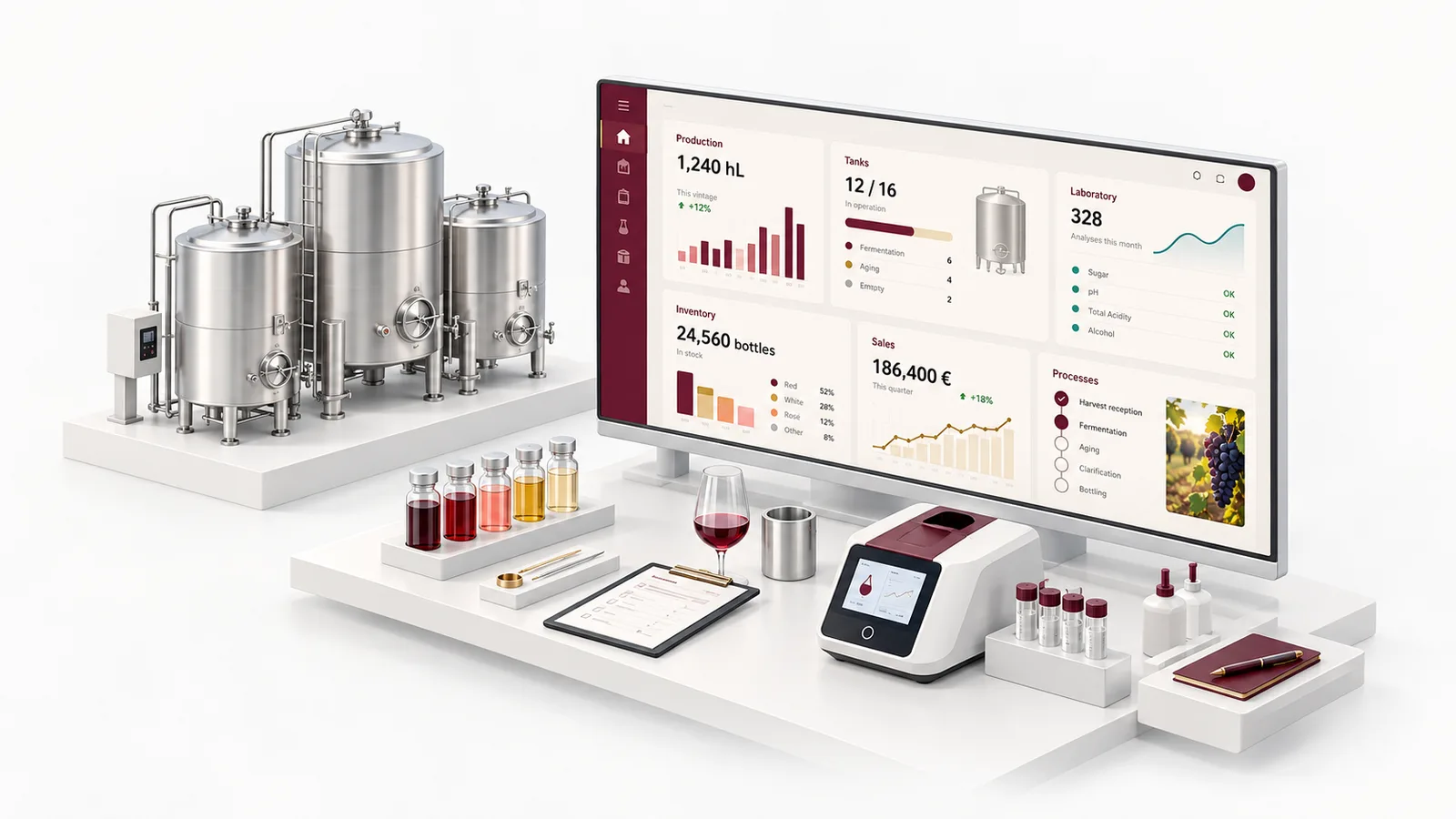 Ilustração: tanques de inox, amostras de vinho e equipamento de análise ao lado de um monitor com painel de gestão