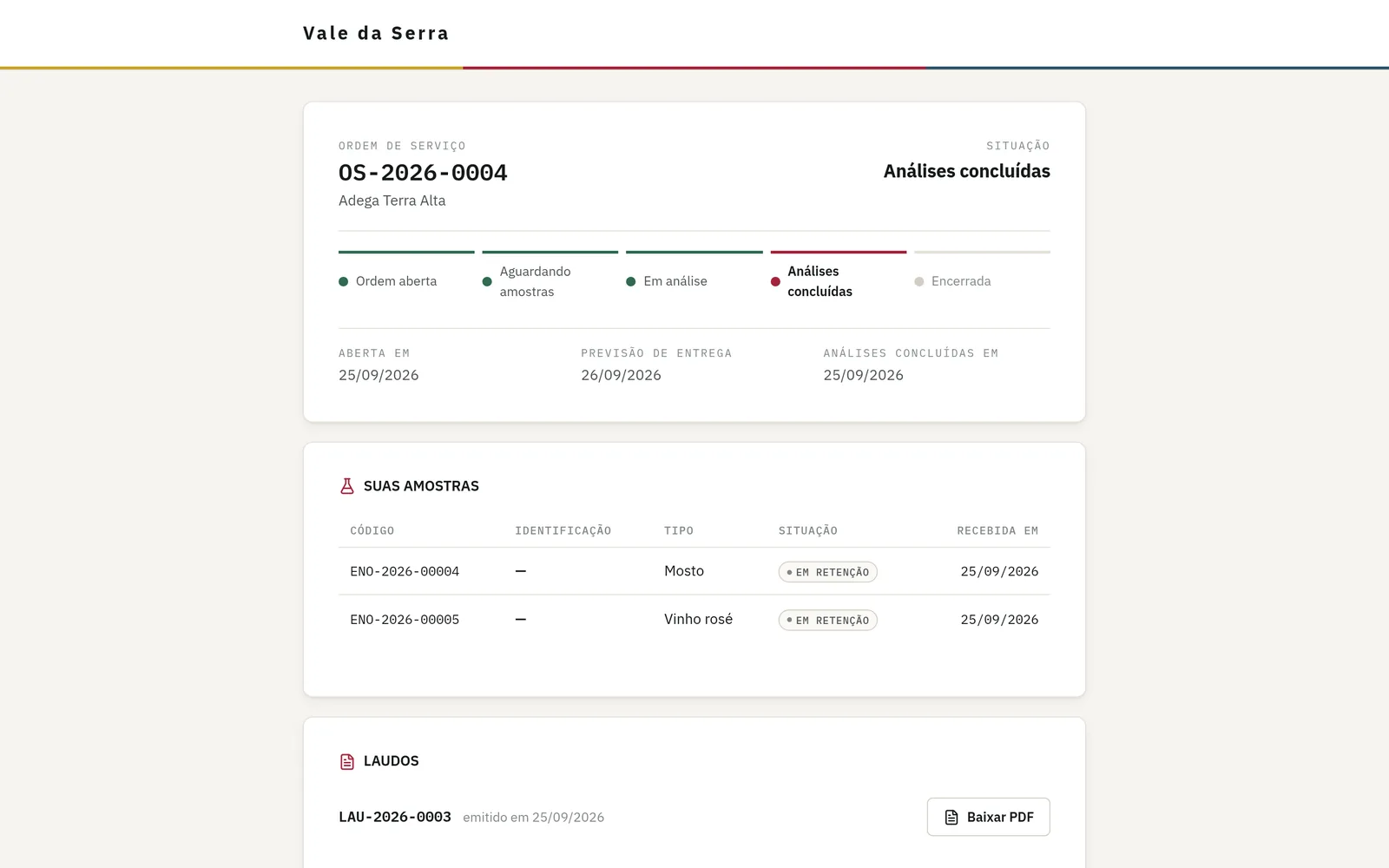 Portal do cliente com a situação da ordem de serviço, as amostras e o laudo para baixar