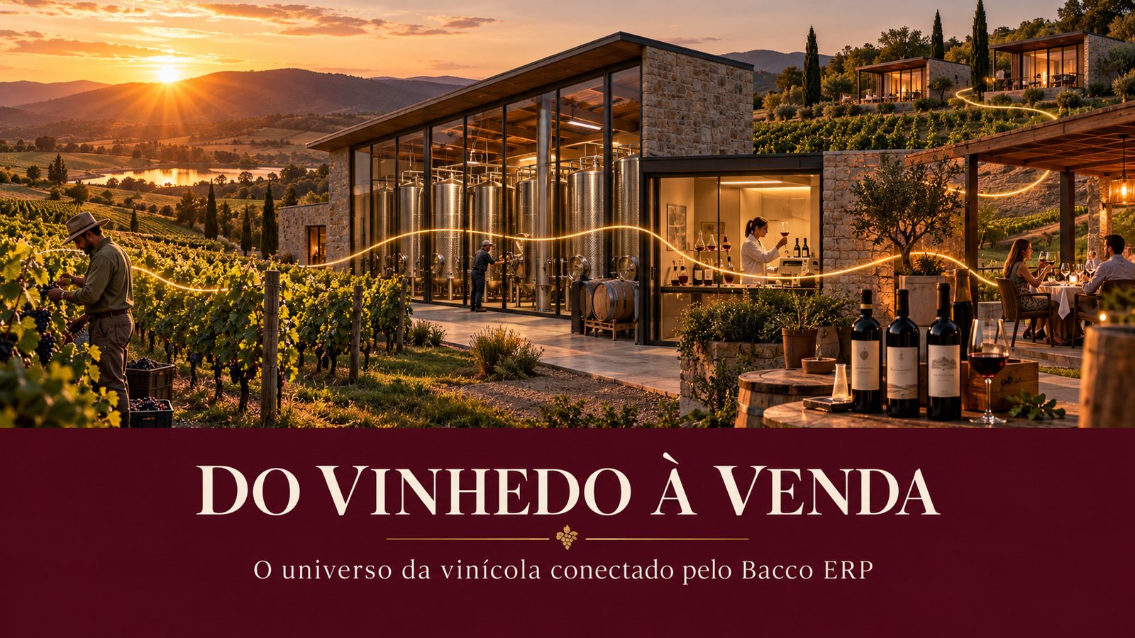 Vinícola ao pôr do sol com vinhedo, cantina envidraçada com tanques de inox, laboratório, restaurante e chalés ligados por uma linha de luz dourada. Embaixo, o texto: Do vinhedo à venda. O universo da vinícola conectado pelo Bacco ERP.