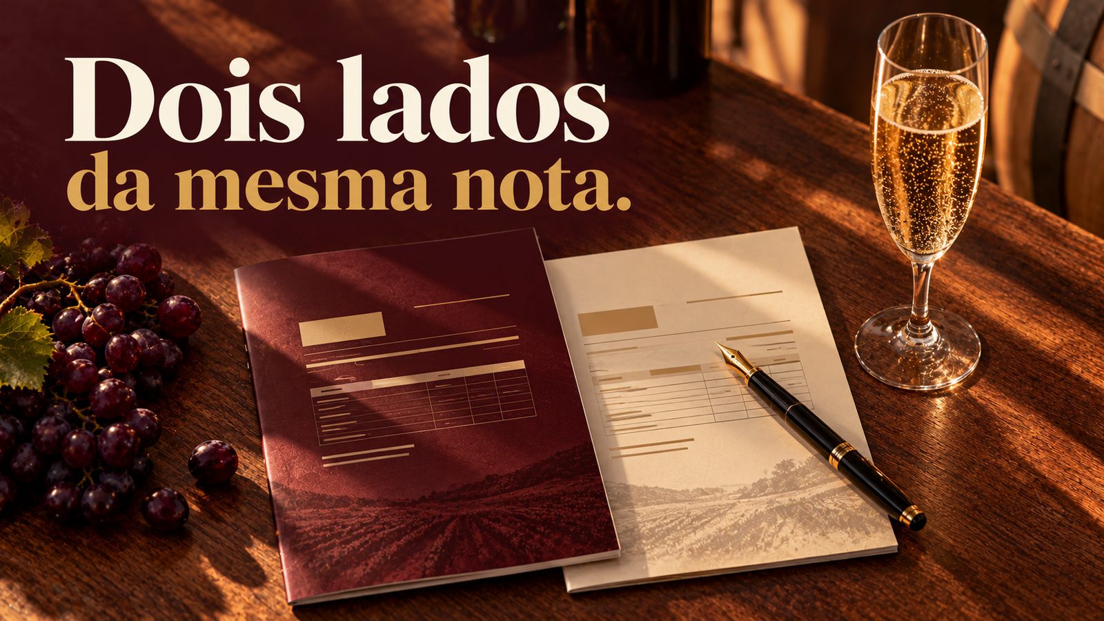 Duas notas fiscais lado a lado sobre uma mesa de madeira, uma bordô e outra clara com gravura de vinhedo, com caneta-tinteiro, uvas e uma taça de espumante. No alto, o texto: Dois lados da mesma nota.
