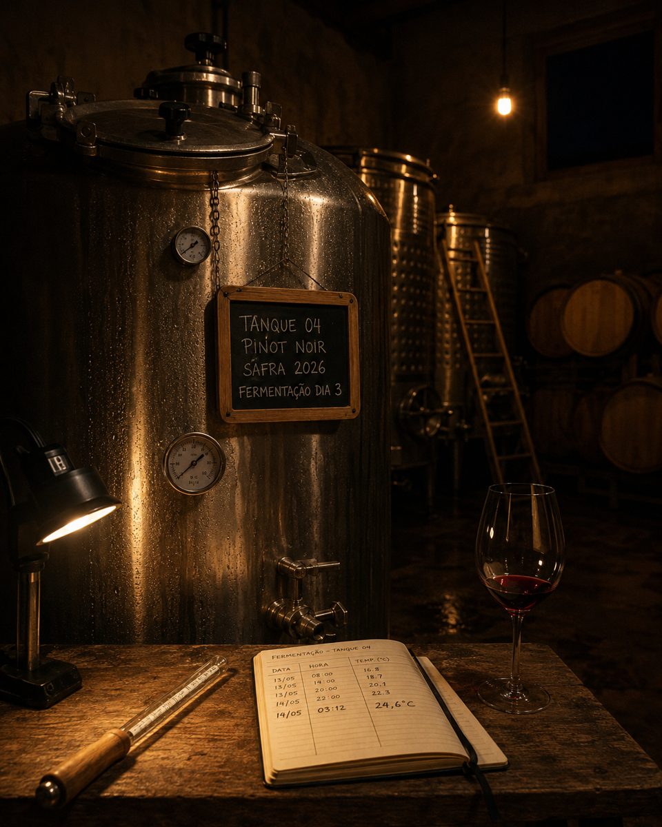 Caderno aberto sobre bancada de madeira numa cantina à meia-luz, com registro manual de temperatura do Tanque 04 — a última linha marca 03:12 e 24,6 °C. Ao lado, um termômetro de vidro e uma taça de tinto; ao fundo, tanques de inox, barricas e uma lousa indicando Pinot Noir, safra 2026, fermentação dia 3.