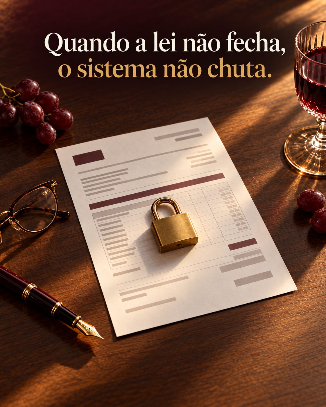 Nota fiscal sobre uma mesa de madeira com um cadeado dourado no centro, ao lado de óculos, caneta-tinteiro, uvas e uma taça de vinho tinto. No alto, o texto: Quando a lei não fecha, o sistema não chuta.