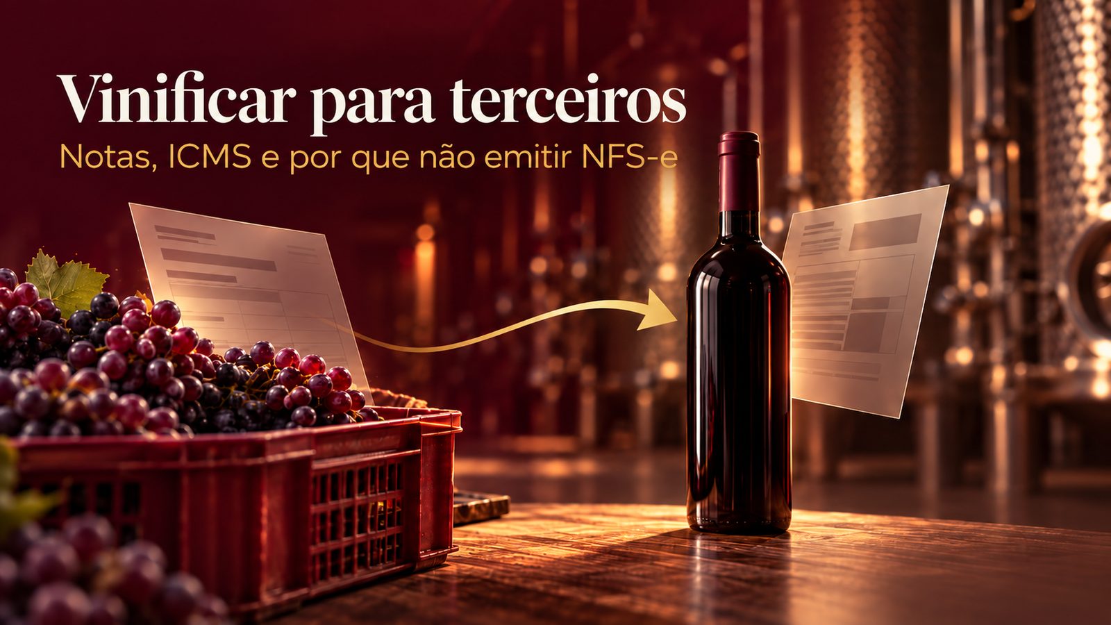 Caixa de uvas tintas ligada por uma seta dourada a uma garrafa de vinho, com duas notas fiscais no ar, numa cantina com tanques de inox. No alto, o texto: Vinificar para terceiros. Notas, ICMS e por que não emitir NFS-e.