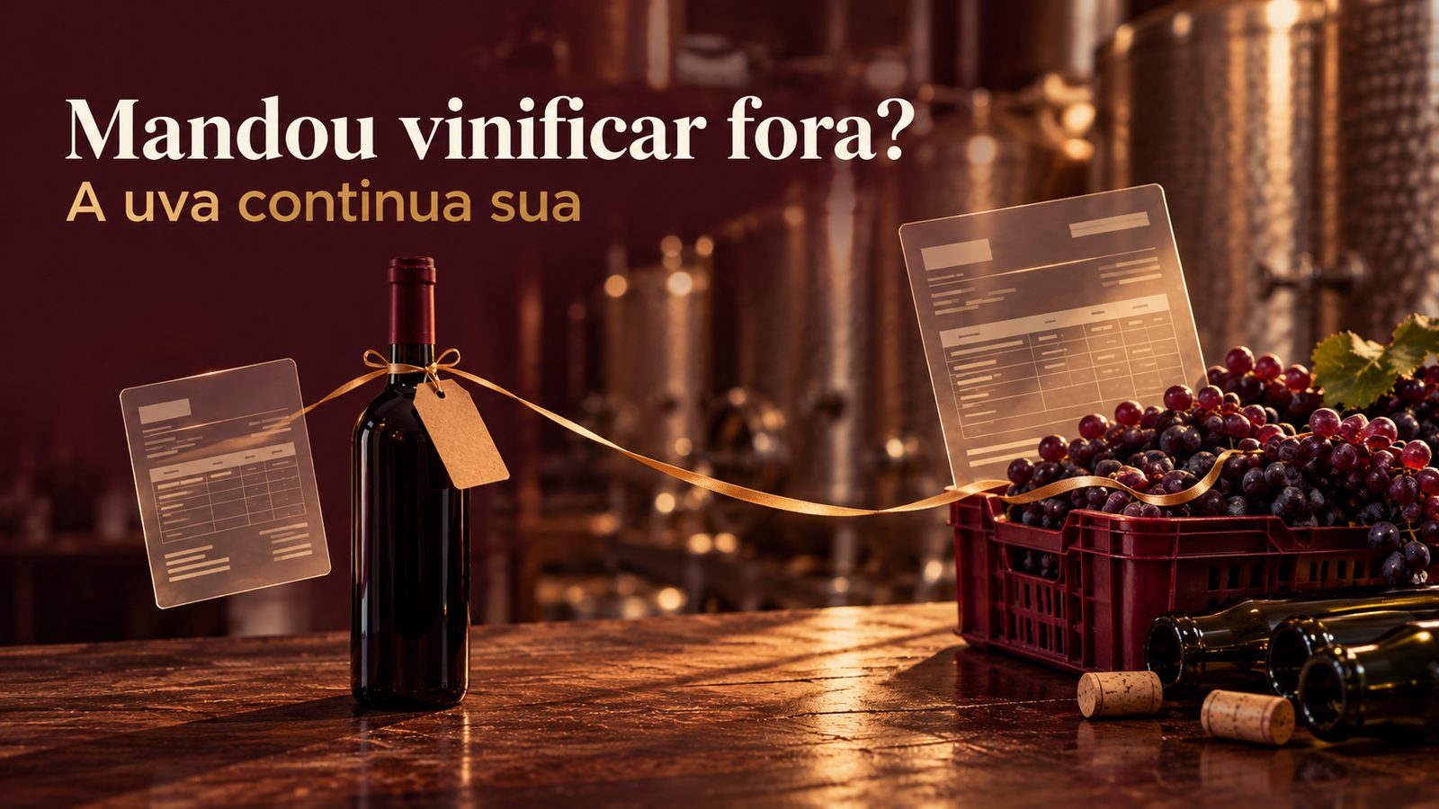 Garrafa de vinho presa por uma fita dourada a uma caixa de uvas, com notas fiscais nas duas pontas, rolhas e garrafas vazias sobre a mesa. No alto, o texto: Mandou vinificar fora? A uva continua sua.